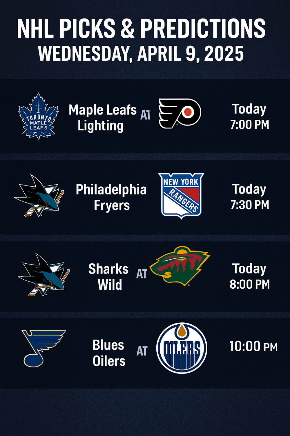 NHL Picks Today (April 9, 2025) – Best Bets & Top Props for All 5 Games