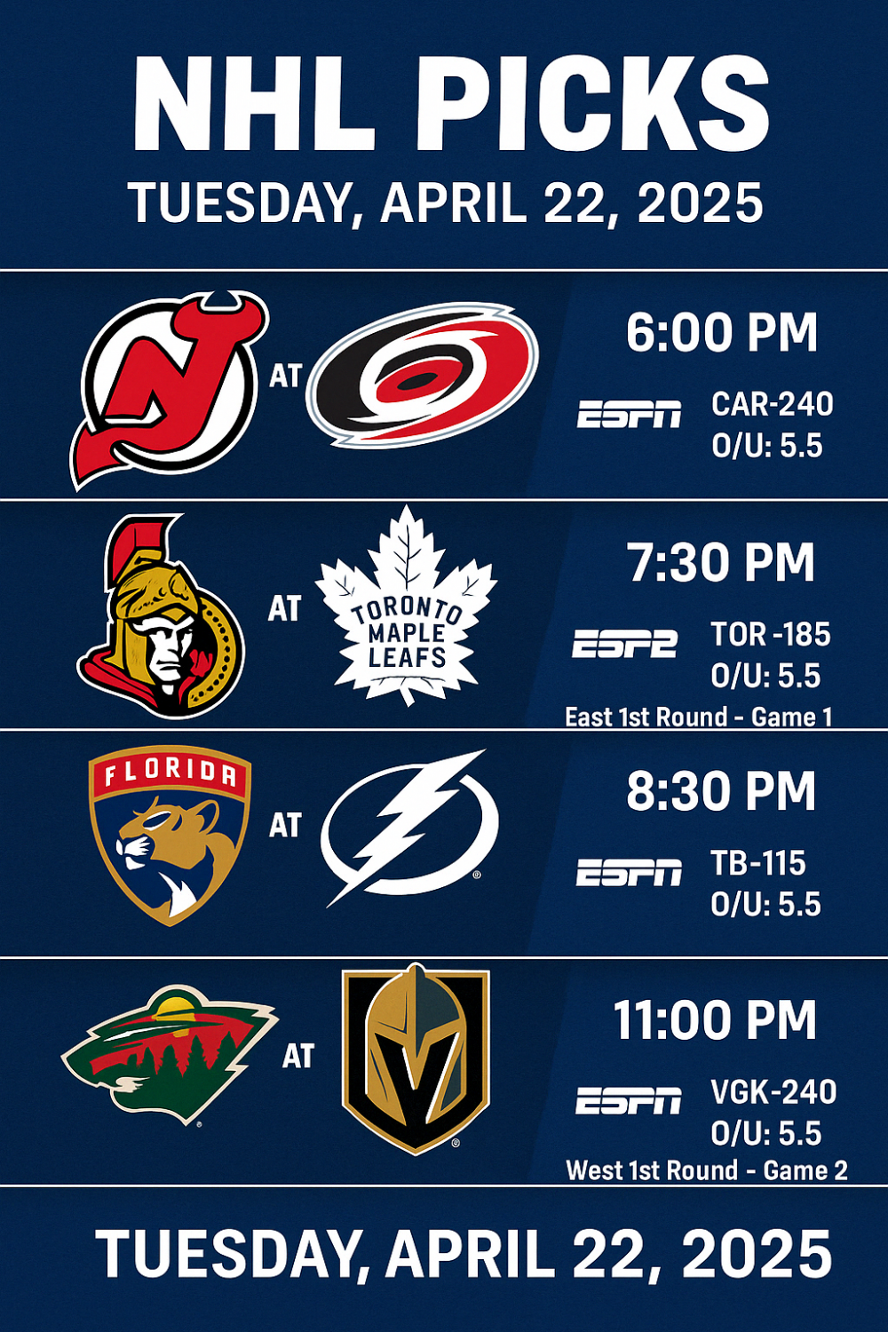 NHL Picks April 22, 2025: Best Bets & Game 2 Predictions