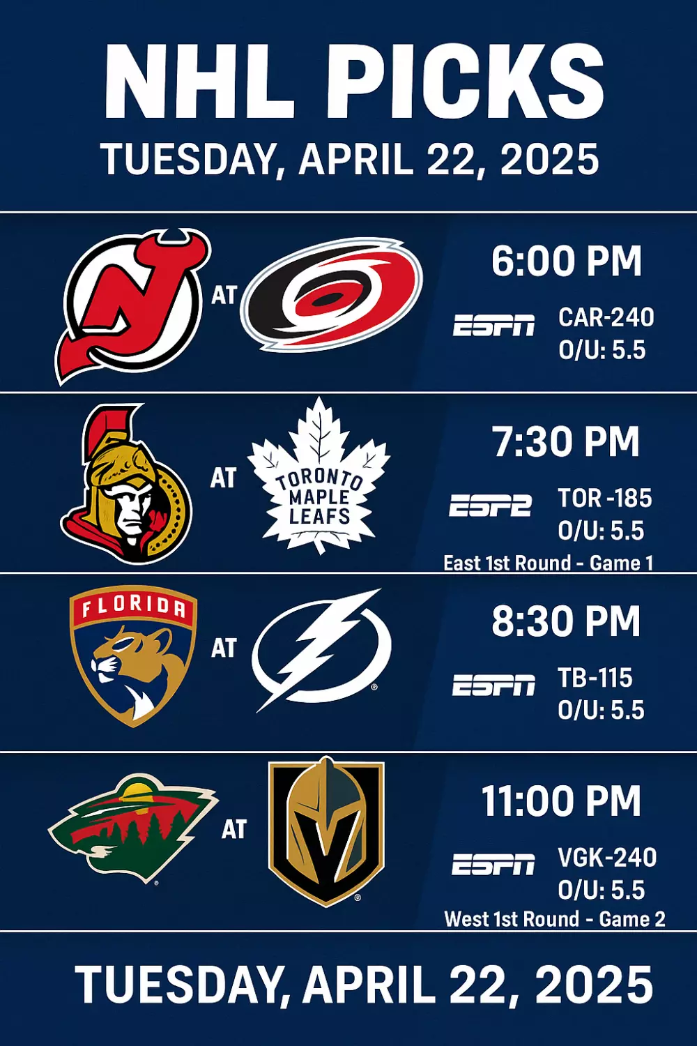 NHL Picks April 22, 2025: Best Bets & Game 2 Predictions